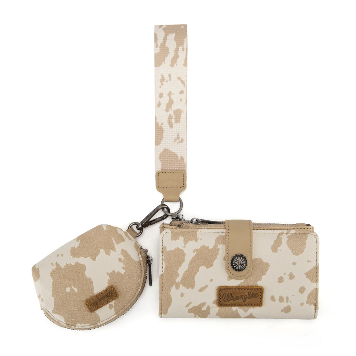 Wrangler Cow Print Wallet & Coin Pouch Wristlet Set - Tan