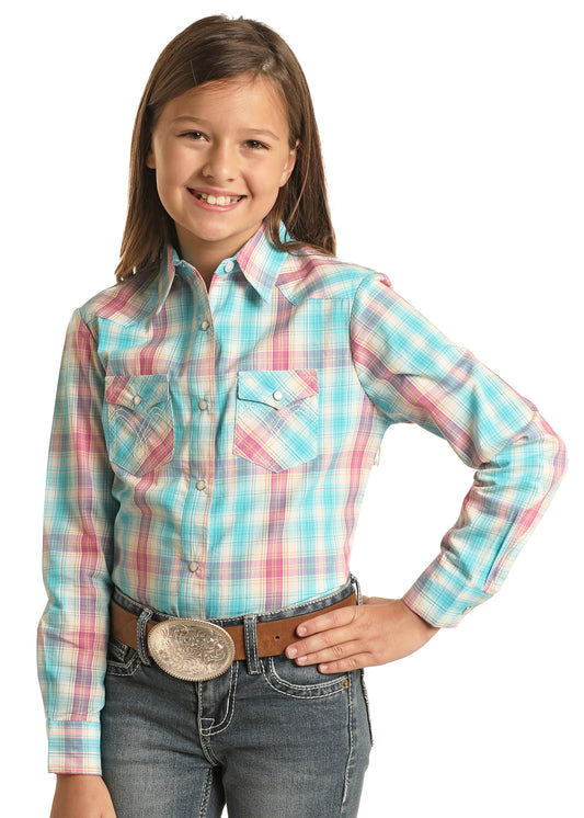 Rock & Roll Panhandle Girl's Plaid Long Sleeve Shirt Turquoise