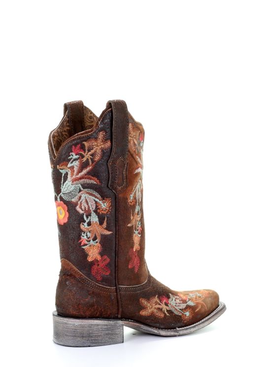 Corral Boots Ladies Lamb Floral Embroidery Square Toe Western Boots Chocolate