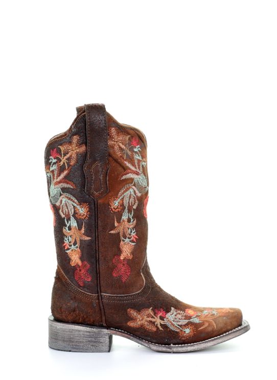 Corral Boots Ladies Lamb Floral Embroidery Square Toe Western Boots Chocolate