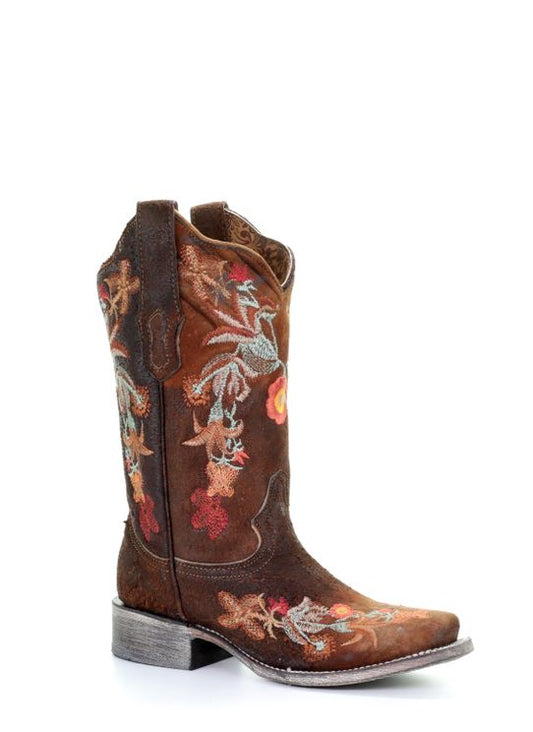 Corral Boots Ladies Lamb Floral Embroidery Square Toe Western Boots Chocolate