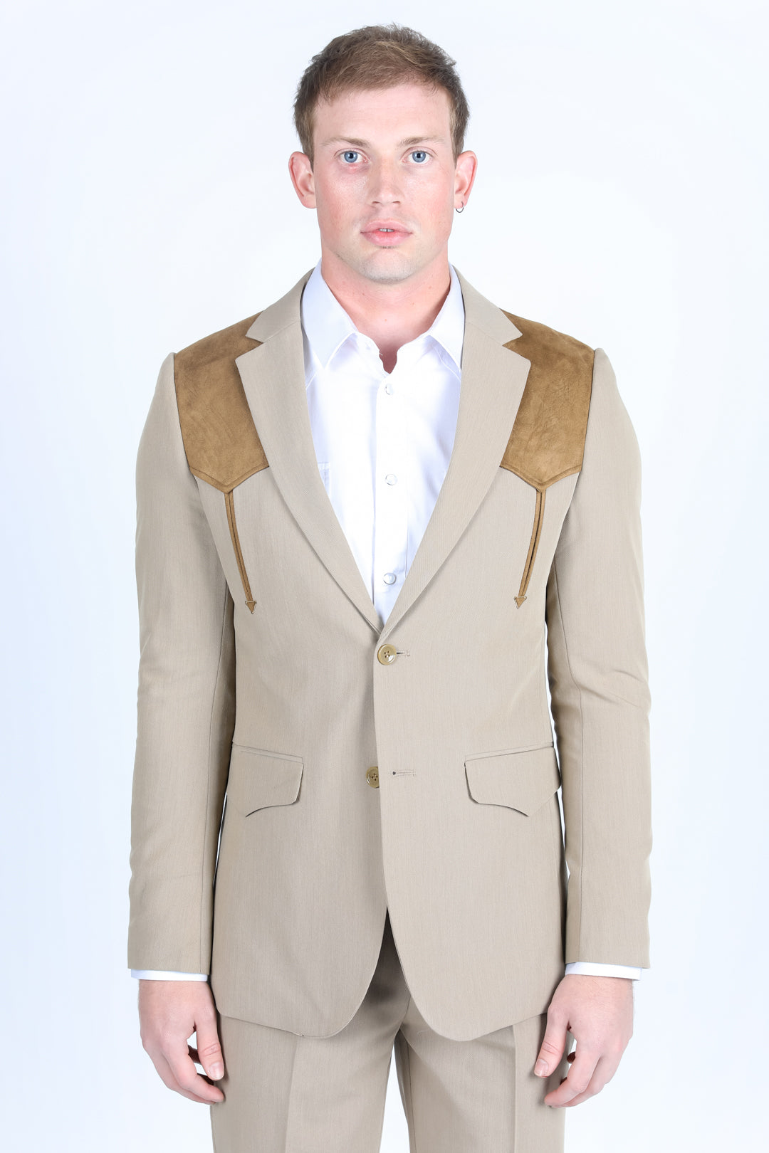 Platini Men's Western Suit Sport Coat With Suede Yokes And Elbow Patches Khaki Khaki / 40S Platini Men's Western Suit Sport Coat With Suede Yokes And Elbow Patches Khaki Khaki / 40S