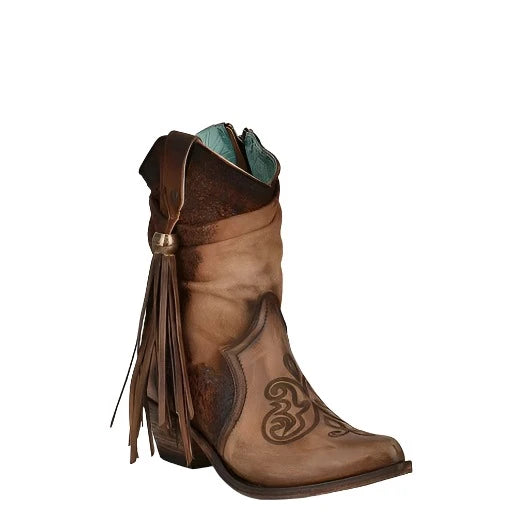 Corral Boots Ladies Lamb Zipper and Fringe Ankle Boots Almond