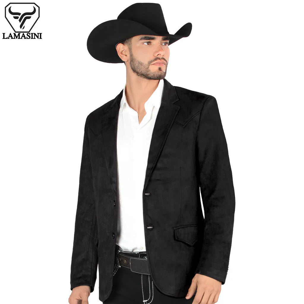 Lamasini Men's Double Button Black Faux-suede Blazer