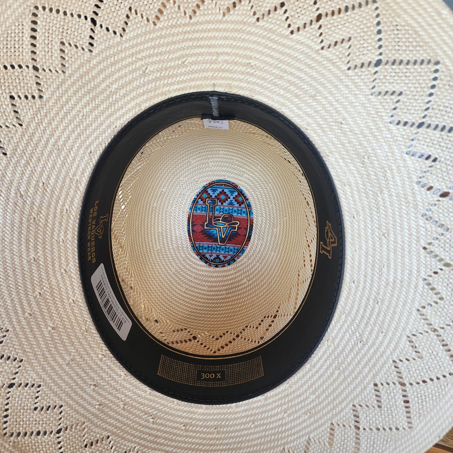 Los Vaqueros Straw Hat Open Regular Crown Hearts Tan White