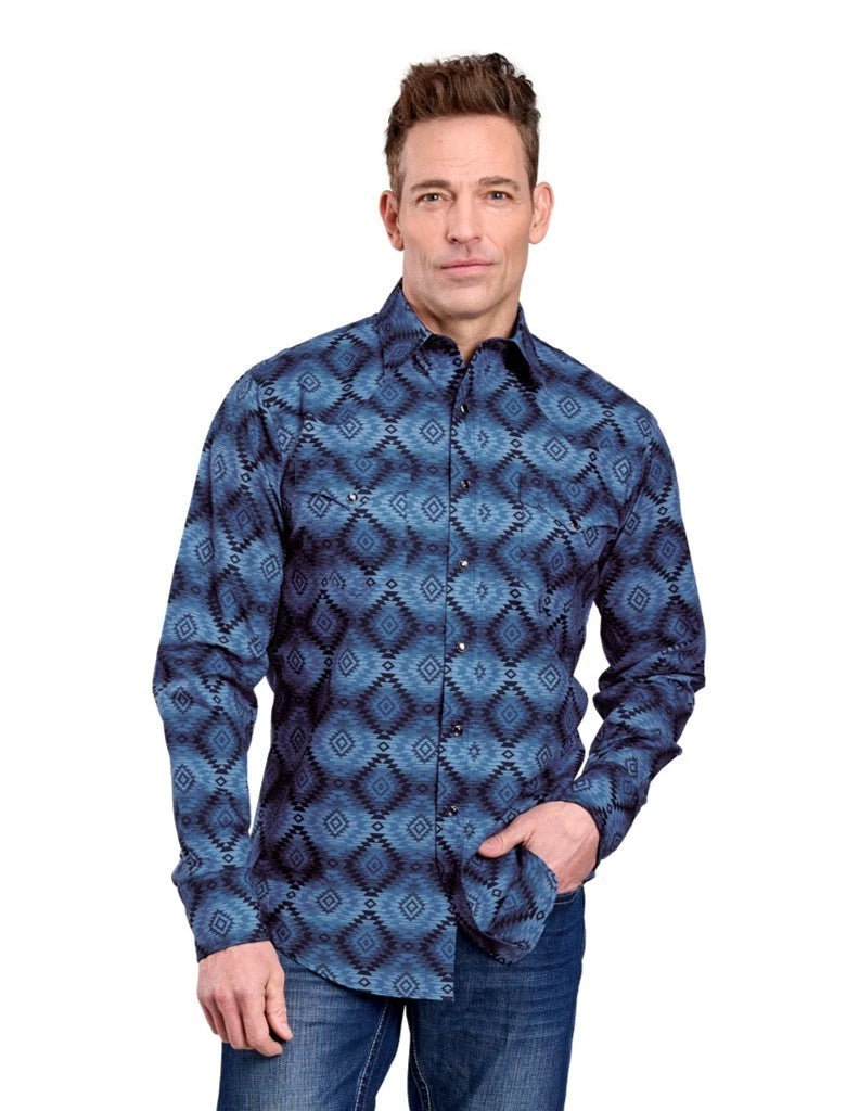 Roper Men's Long Sleeve Snap Aztec Serape Print Blue Western Shirt