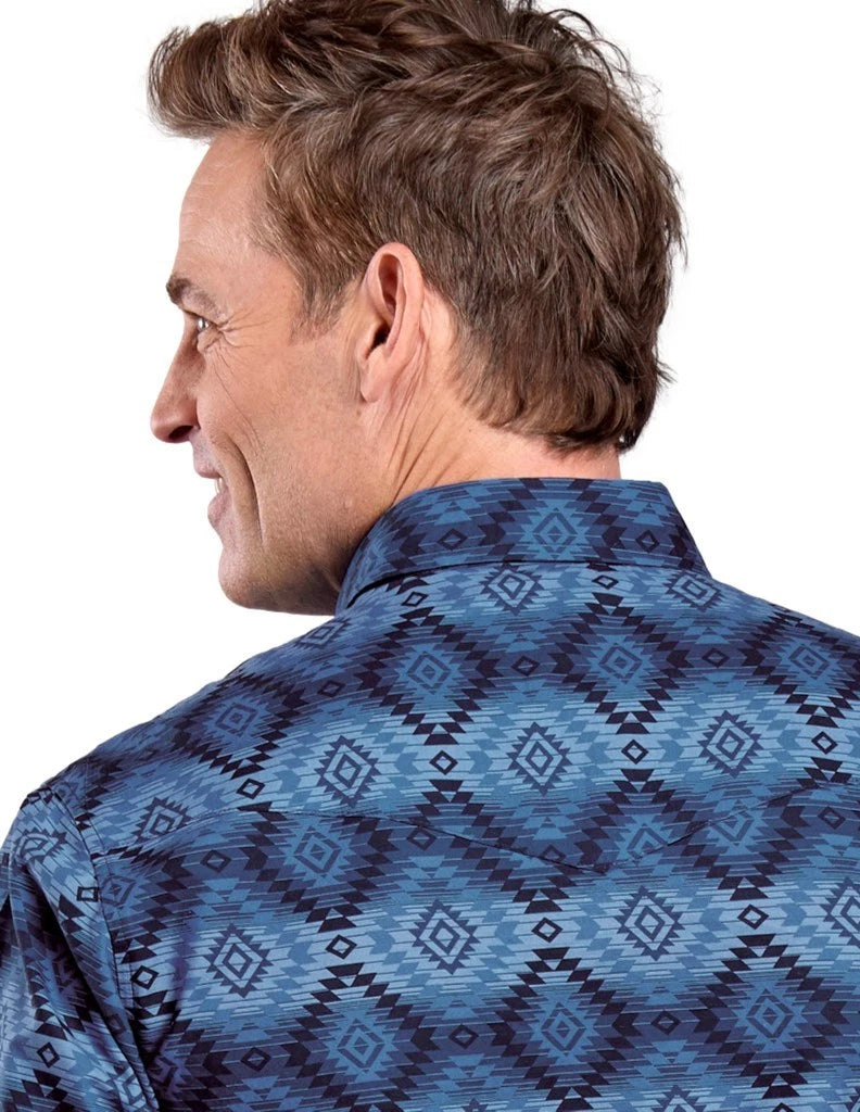Roper Men's Long Sleeve Snap Aztec Serape Print Blue Western Shirt