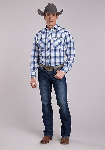 Roper Men's Long Sleeve Snap Woven Plaid Blue Western Shirt