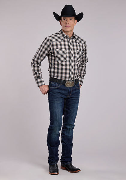 Roper Men's Long Sleeve Snap Woven Plaid Black Western Shirt