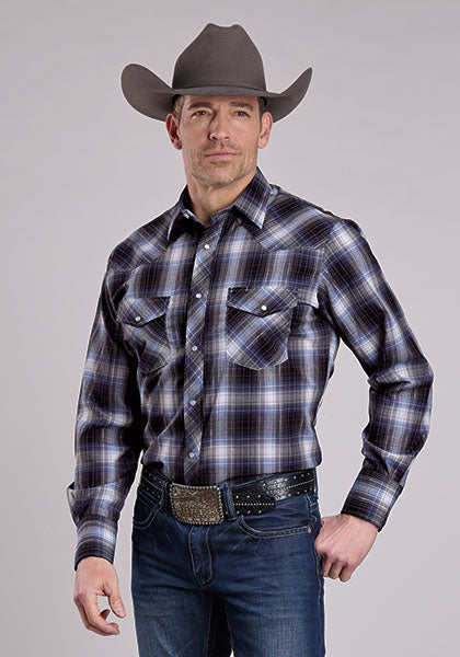 Roper Men's Long Sleeve Snap Plaid Blue Western Shirt
