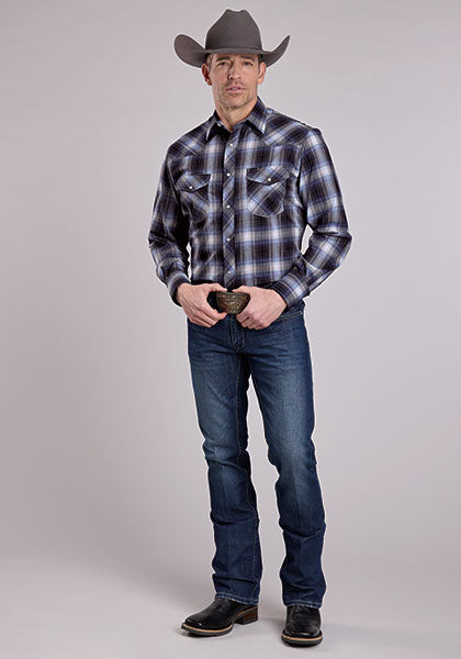 Roper Men's Long Sleeve Snap Plaid Blue Western Shirt