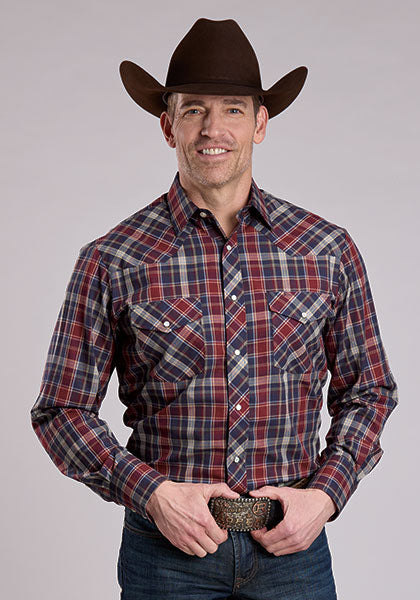 Roper Men's Long Sleeve Snap Plaid Burgundy Western Shirt