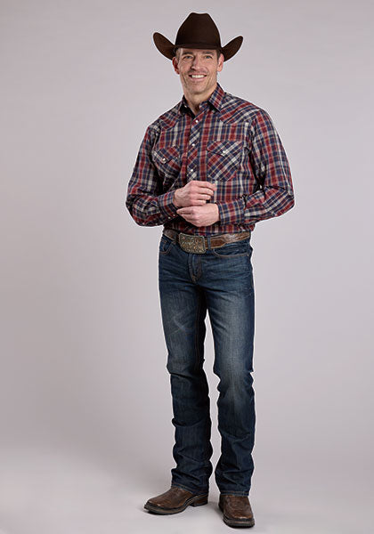 Roper Men's Long Sleeve Snap Plaid Burgundy Western Shirt