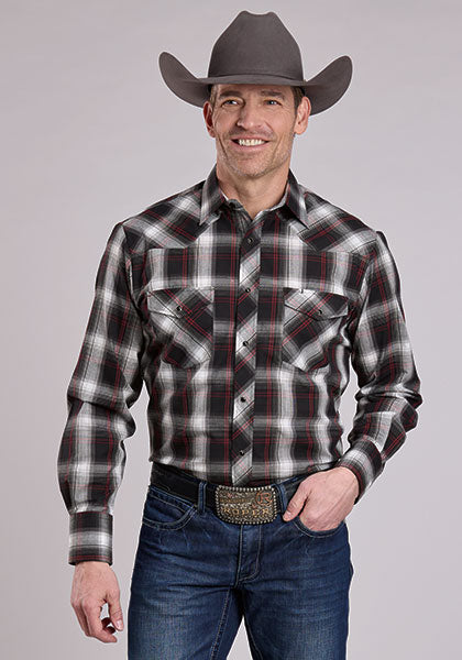 Roper Men's Long Sleeve Snap Plaid Black Western Shirt