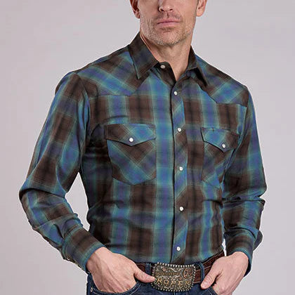 Roper Men's Long Sleeve Snap Plaid Blue Western Shirt