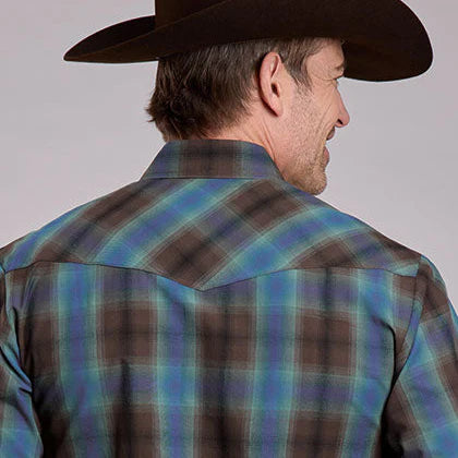 Roper Men's Long Sleeve Snap Plaid Blue Western Shirt