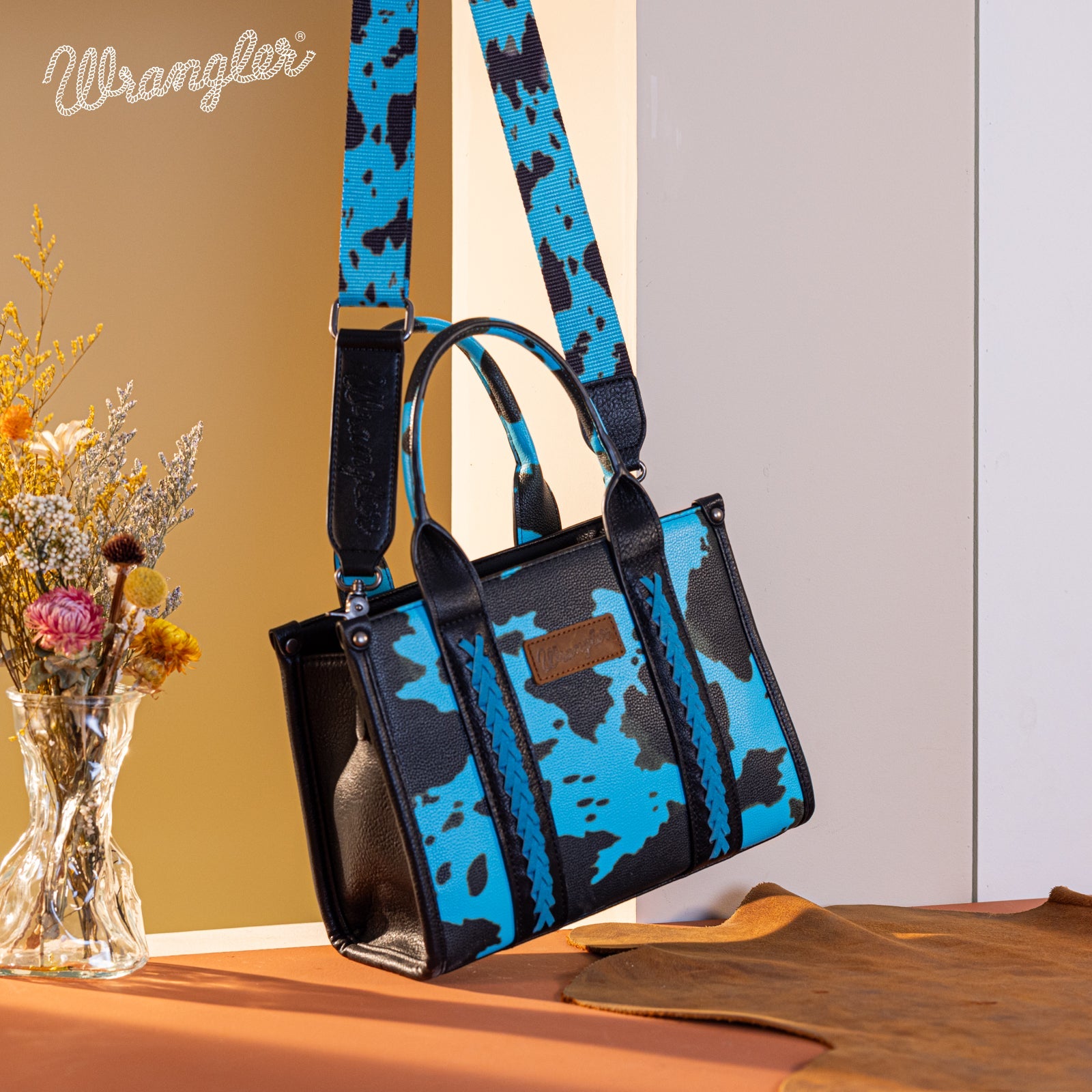 Wrangler Cow Print Concealed Carry Tote/crossbody Turquoise