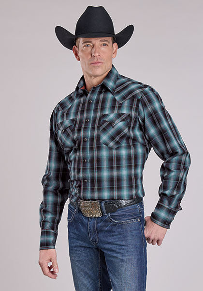 Roper Men's Long Sleeve Diamond Dobby Blue Western Shirt