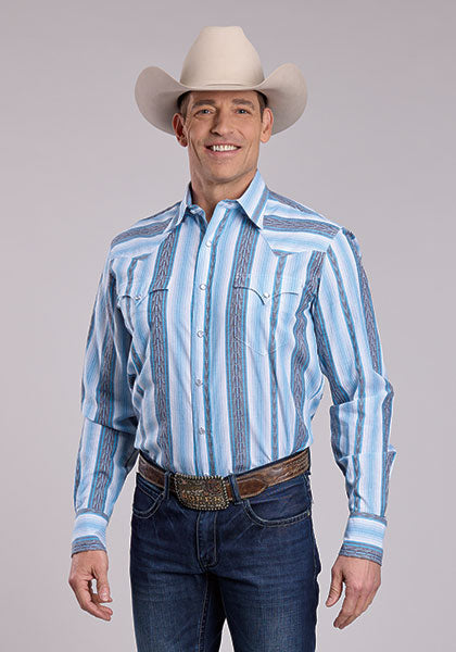 Roper Men's Long Sleeve  Vertical Performance Y/D Stripe Western Shirt Blue