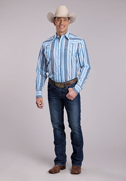 Roper Men's Long Sleeve  Vertical Performance Y/D Stripe Western Shirt Blue