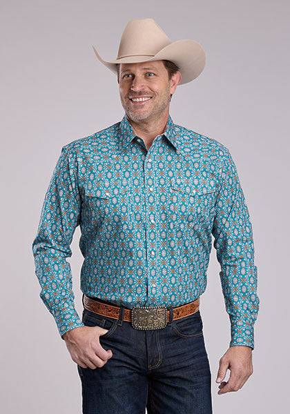 Roper Men's Long Sleeve Snap Amarillo All Over Western Shirt Blue