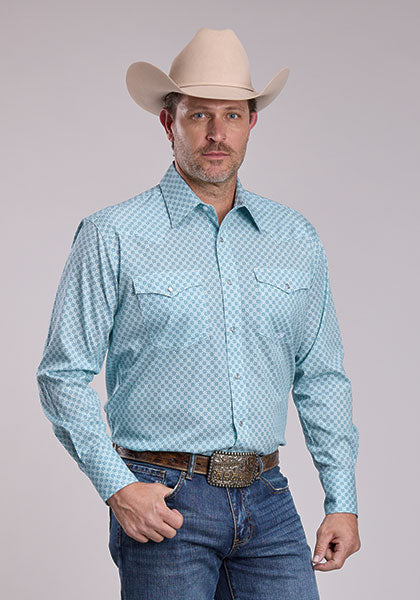 Roper Men's Long Sleeve Snap Amarillo All Over Western Shirt Teal