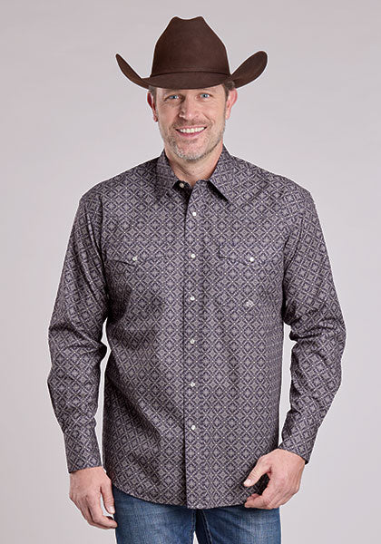 Roper Men's Long Sleeve Snap Plum Foulard Print Grey Western Shirt
