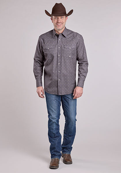 Roper Men's Long Sleeve Snap Plum Foulard Print Grey Western Shirt