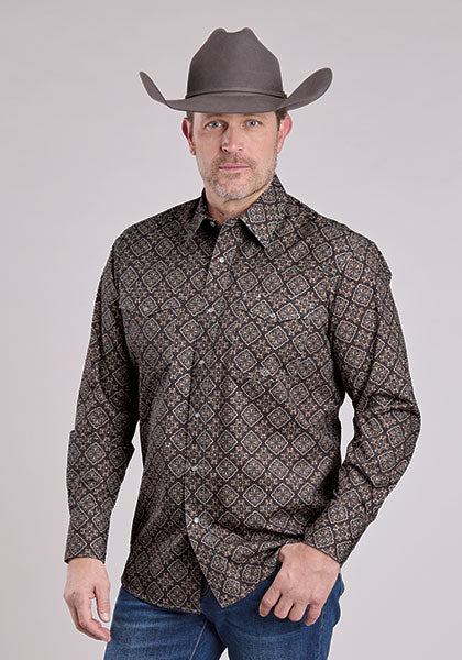Roper Men's Long Sleeve Snap Bronze Medallion Brown Western Shirt