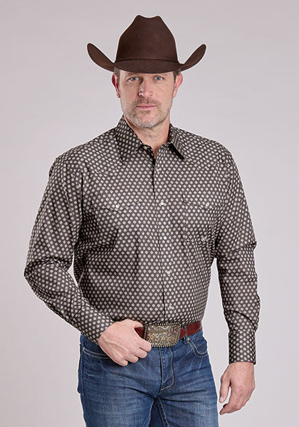 Roper Men's Long Sleeve Snap Stretch Foulard Print Grey Western Shirt