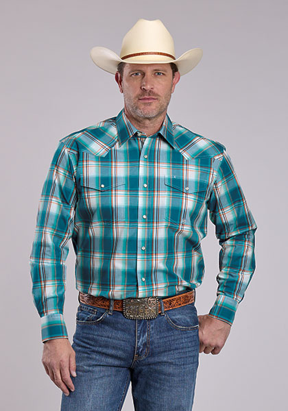 Roper Men's Long Sleeve Snap Amarillo Plaid Western Shirt Blue