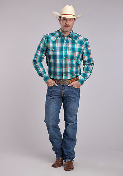 Roper Men's Long Sleeve Snap Amarillo Plaid Western Shirt Blue