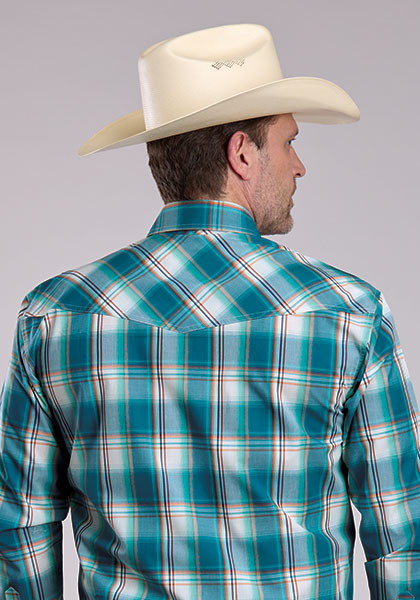 Roper Men's Long Sleeve Snap Amarillo Plaid Western Shirt Blue