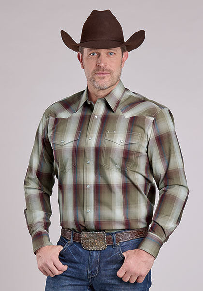 Roper Men's Long Sleeve Snap Red Feather Plaid Brown Western Shirt