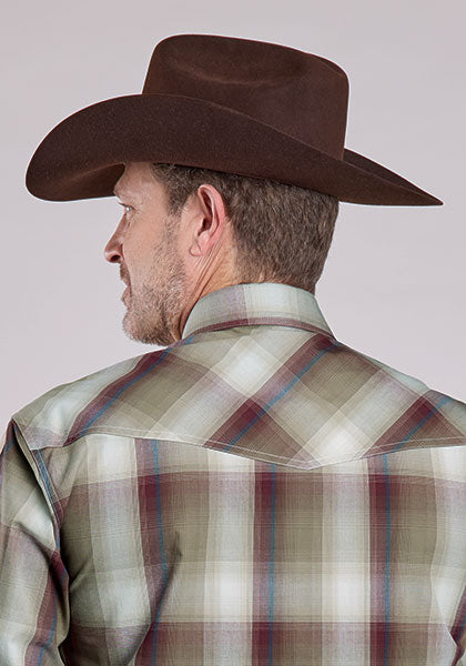 Roper Men's Long Sleeve Snap Red Feather Plaid Brown Western Shirt