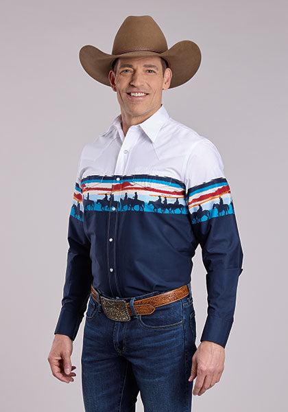 Roper Men's Long Sleeve Snap Scene Border Print Western Shirt Blue