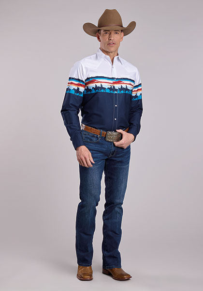 Roper Men's Long Sleeve Snap Scene Border Print Western Shirt Blue