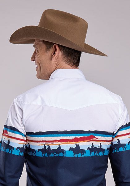 Roper Men's Long Sleeve Snap Scene Border Print Western Shirt Blue