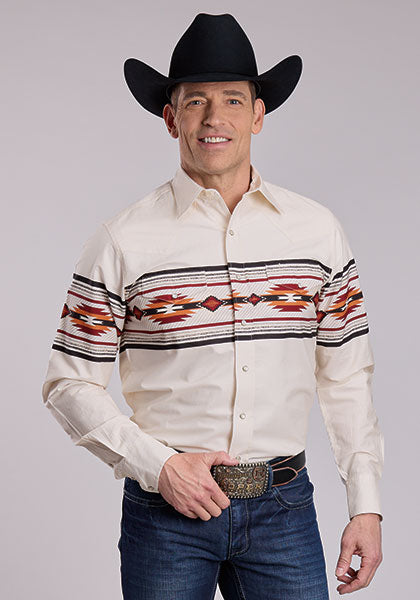 Roper Men's Long Sleeve Snap Aztect Border Print Western Shirt White