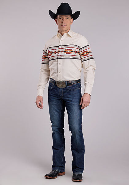 Roper Men's Long Sleeve Snap Aztect Border Print Western Shirt White