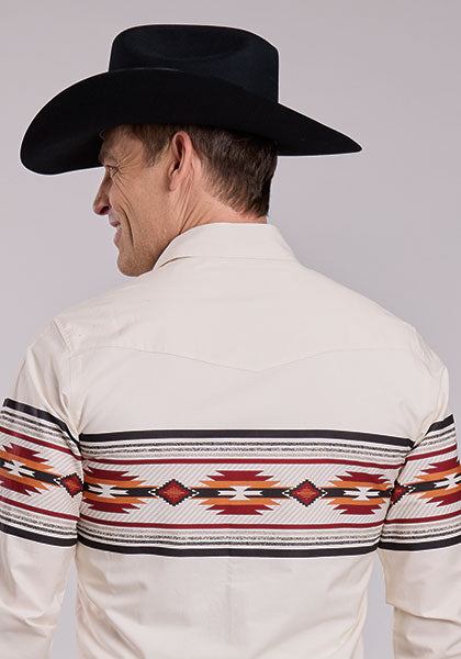 Roper Men's Long Sleeve Snap Aztect Border Print Western Shirt White