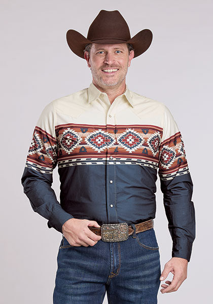 Roper Men's Long Sleeve Snap Aztec Ombre Border Print Blue Western Shirt