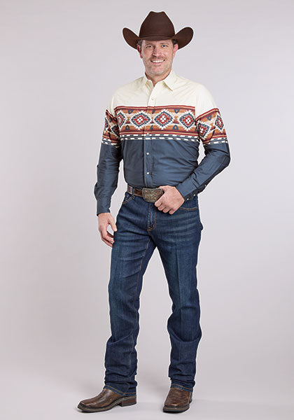 Roper Men's Long Sleeve Snap Aztec Ombre Border Print Blue Western Shirt