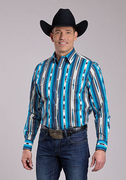 Roper Men's Long Sleeve  Snap Printed Vertical Design Western Shirt Blue