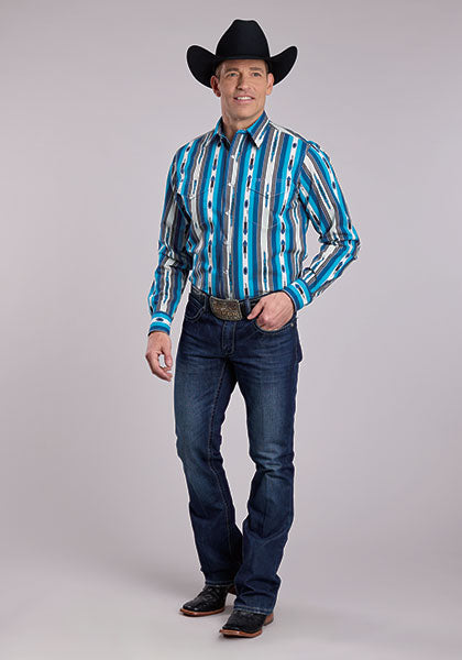 Roper Men's Long Sleeve  Snap Printed Vertical Design Western Shirt Blue