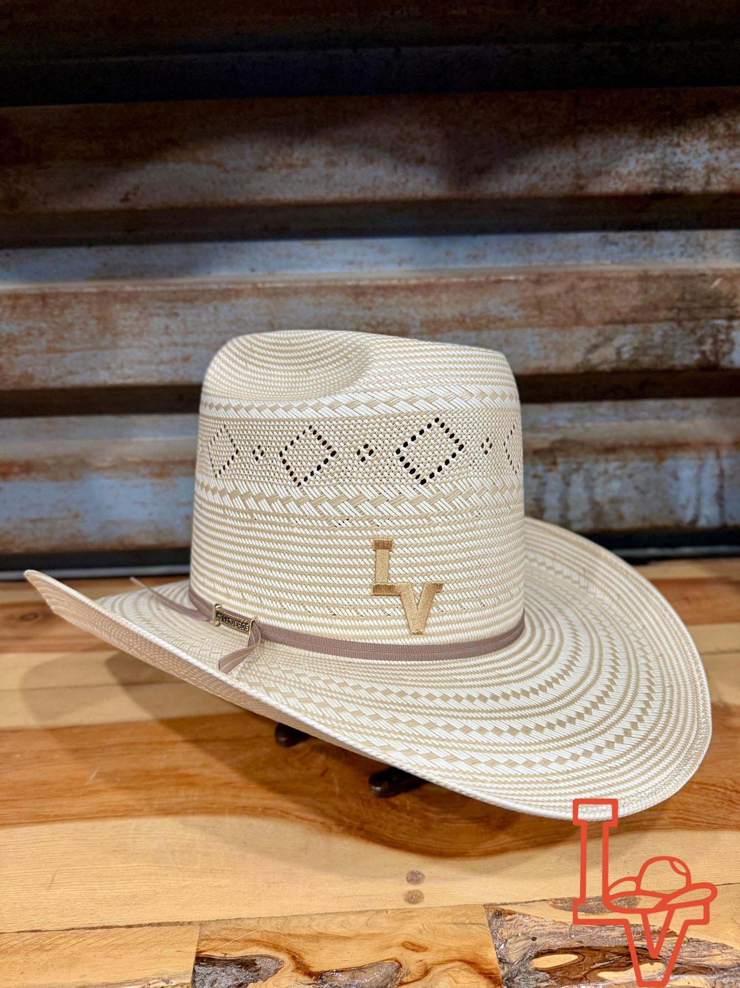 Los Vaqueros Straw Hat Tall Crown Diamond Eyes Tan White