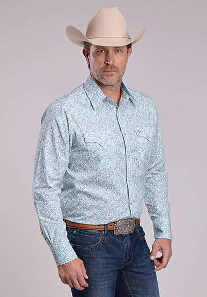 Stetson Men's Long Sleeve Victorian Floral Print Snap Western Shirt Blue