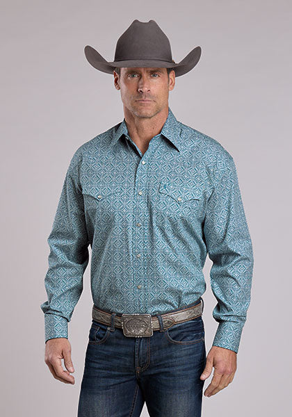Stetson Men's Long Sleeve Teal Tile Medallion Western Shirt Blue