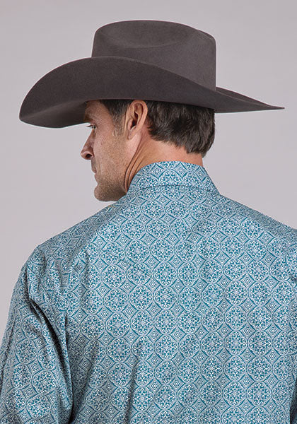 Stetson Men's Long Sleeve Teal Tile Medallion Western Shirt Blue