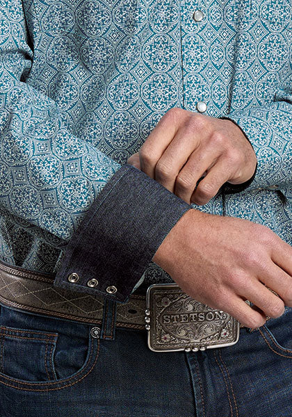 Stetson Men's Long Sleeve Teal Tile Medallion Western Shirt Blue